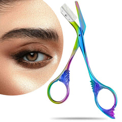 DINNAT Eyebrow Trimmer Scissor with Comb titanium closeup highlights sharp stainless blades for precision.