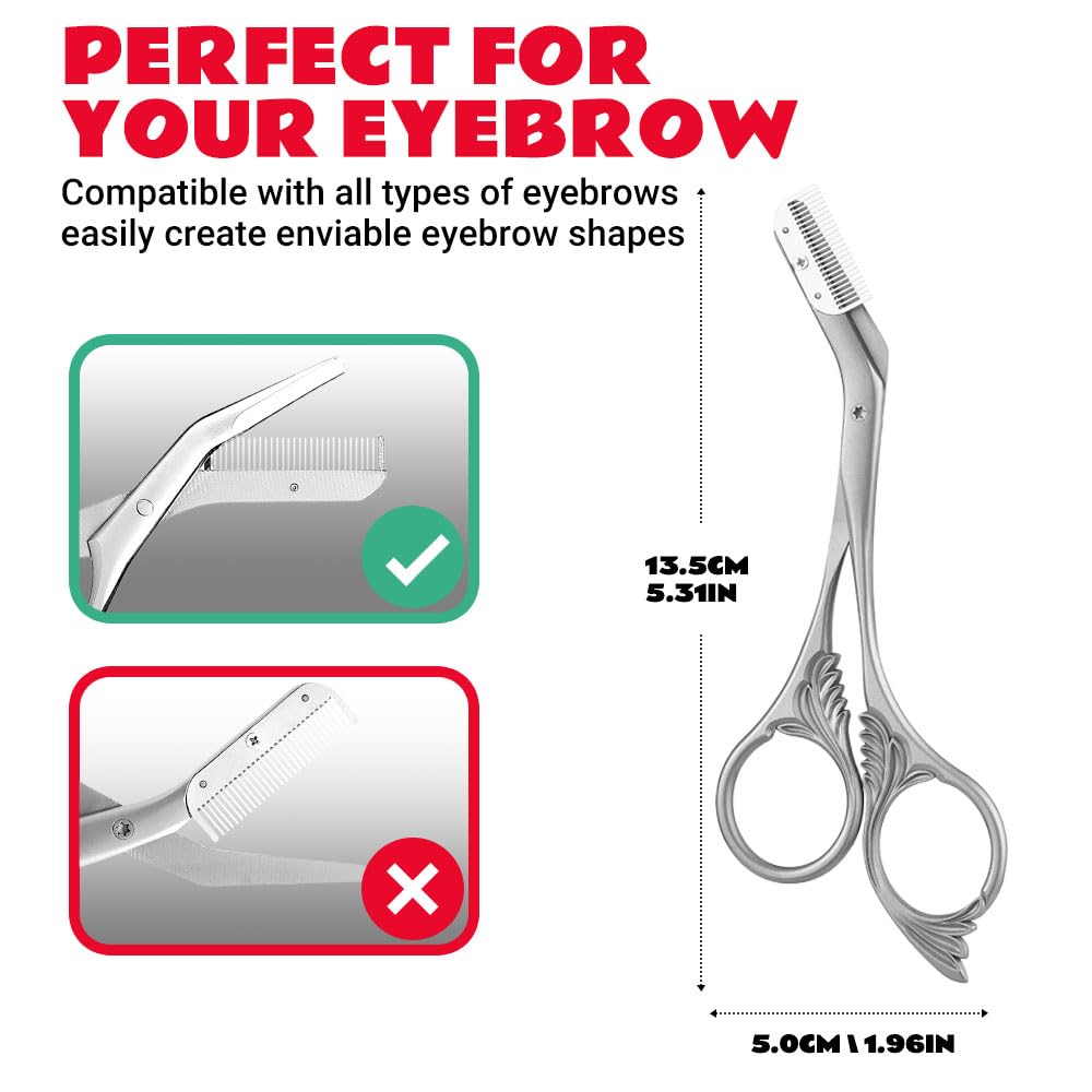 DINNAT Eyebrow Trimmer Scissor with Comb blade detail reveals curved design for natural shaping