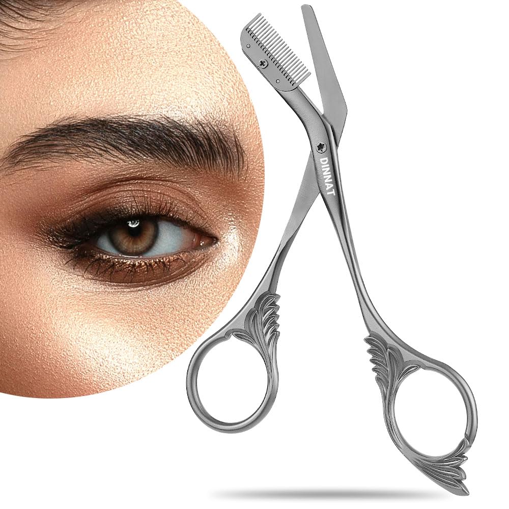DINNAT Eyebrow Trimmer Scissor with Comb closeup shows precise stainless-steel blades for clean shaping