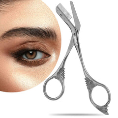DINNAT Eyebrow Trimmer Scissor with Comb closeup shows precise stainless-steel blades for clean shaping