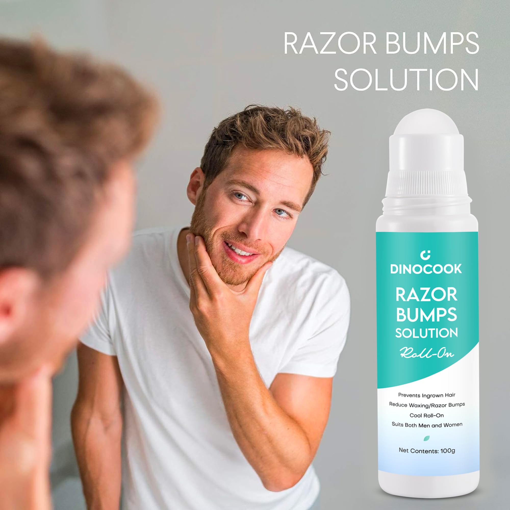 Dinocook Razor Bumps Serum beside razor, a post-shave ritual for smoother skin