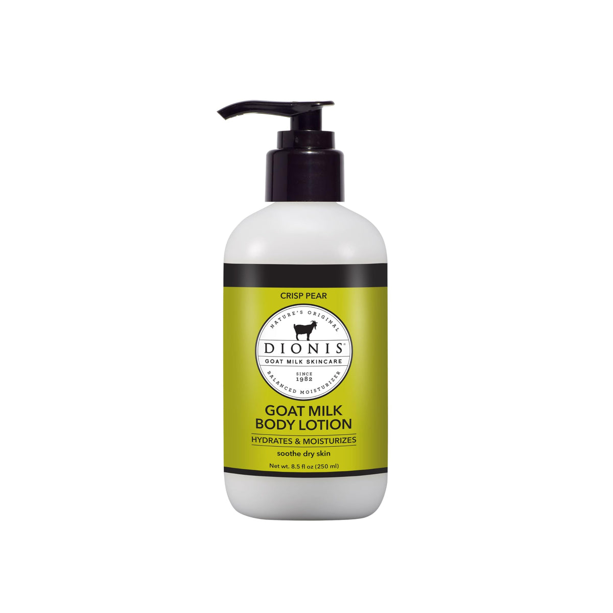 Dionis Goat Milk Body Lotion Crisp Pear bottle pump for easy, mess-free application.