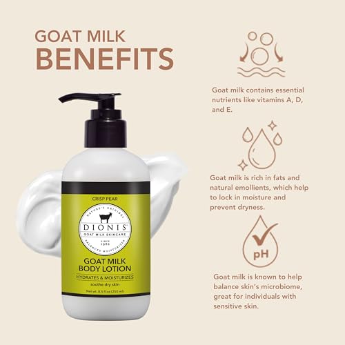 Dionis Goat Milk Body Lotion texture close-up highlights rich, non-greasy hydration.