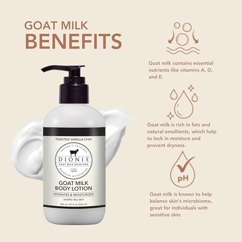 Dionis Goat Milk Body Lotion Vanilla Chai bottle closeup highlights creamy texture and light fragrance