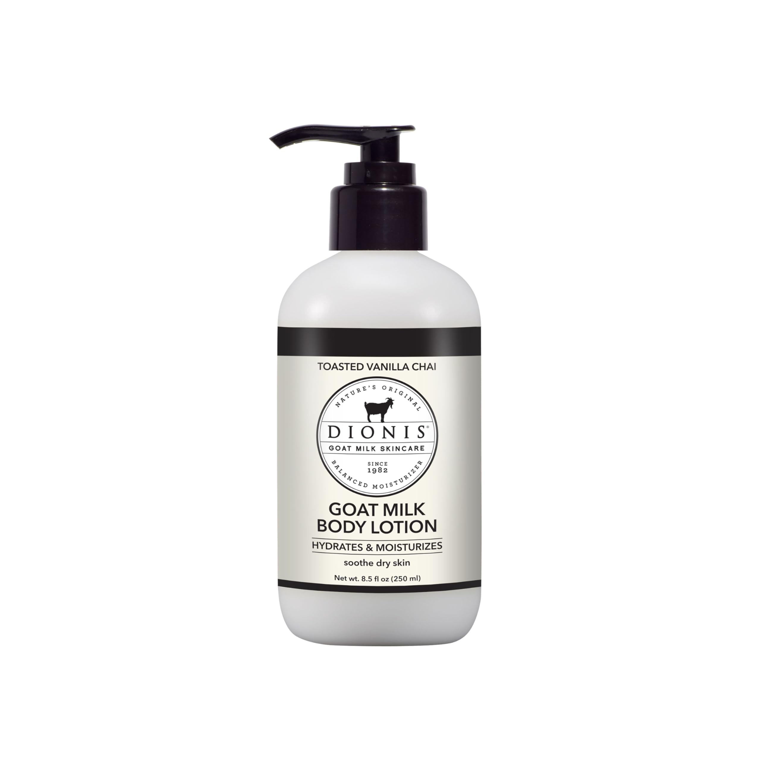 Dionis Goat Milk Body Lotion Vanilla Chai pump showcases rich hydration for daily moisturization