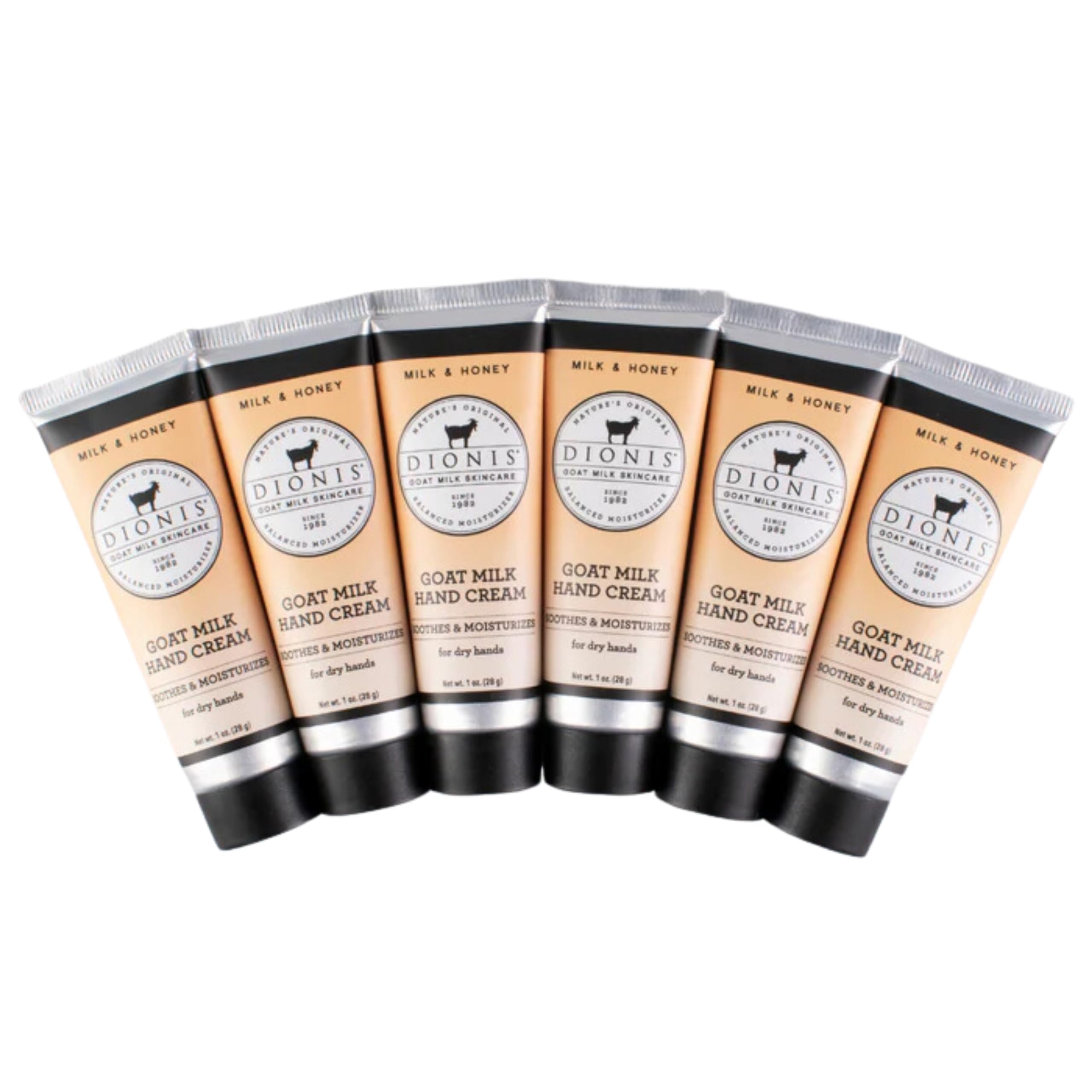 Dionis goat milk hand cream set six tubes on display for travel-friendly moisture