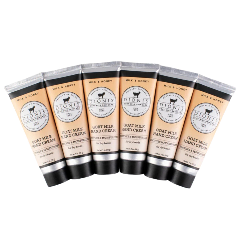 Dionis goat milk hand cream set six tubes on display for travel-friendly moisture