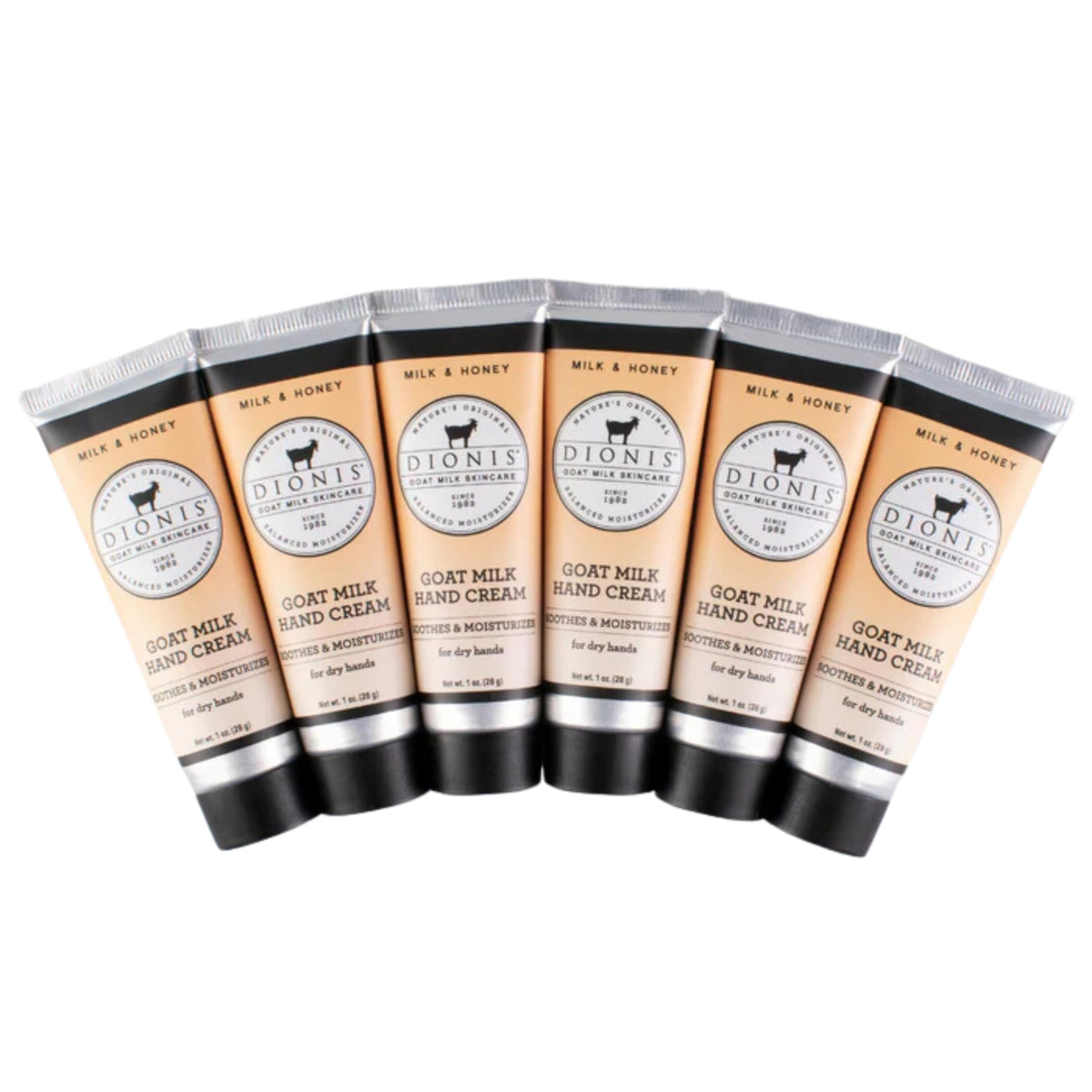 Dionis goat milk hand cream set six tubes on display for travel-friendly moisture