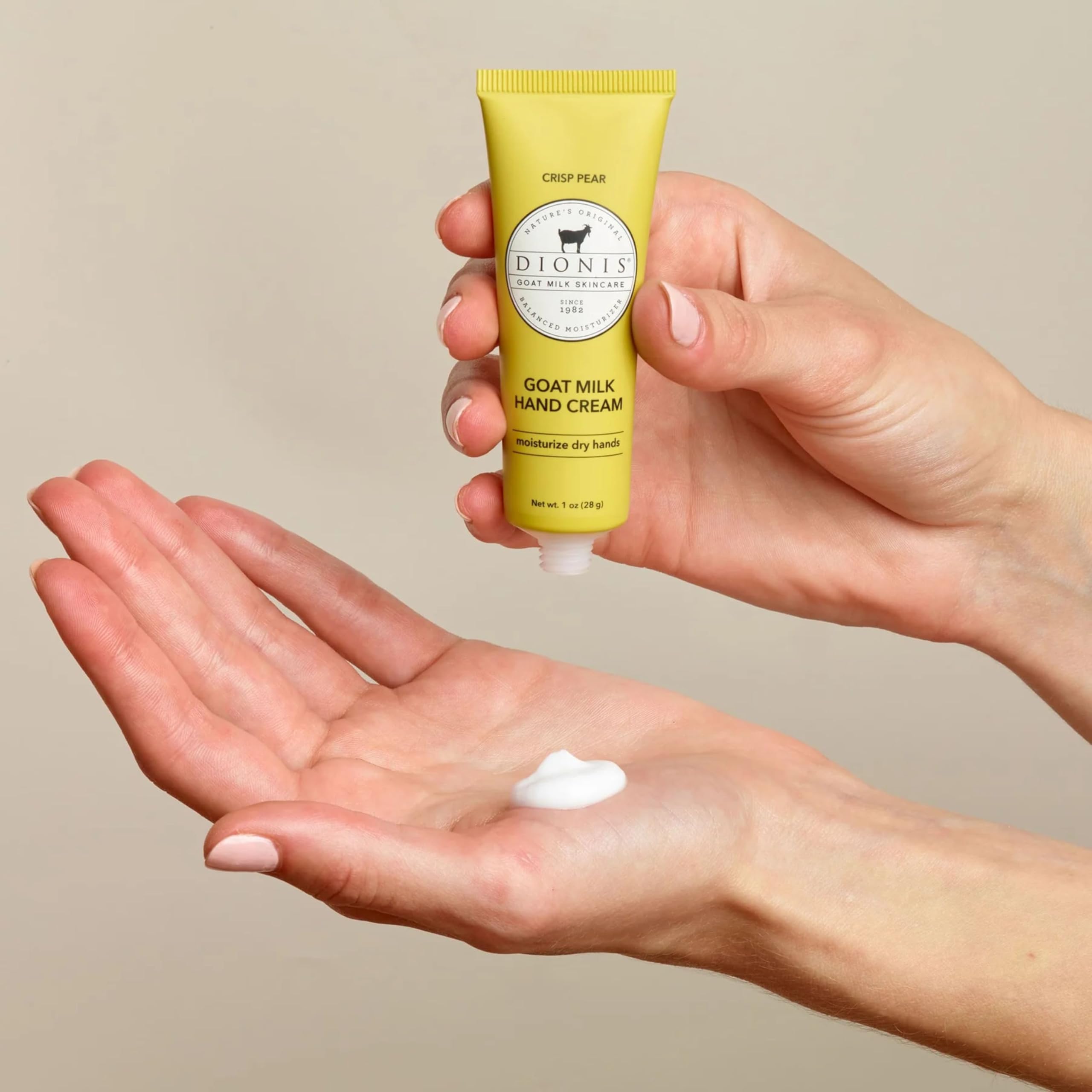 Dionis Goat Milk Hand Cream texture closeup highlights creamy quick-absorbing formula.