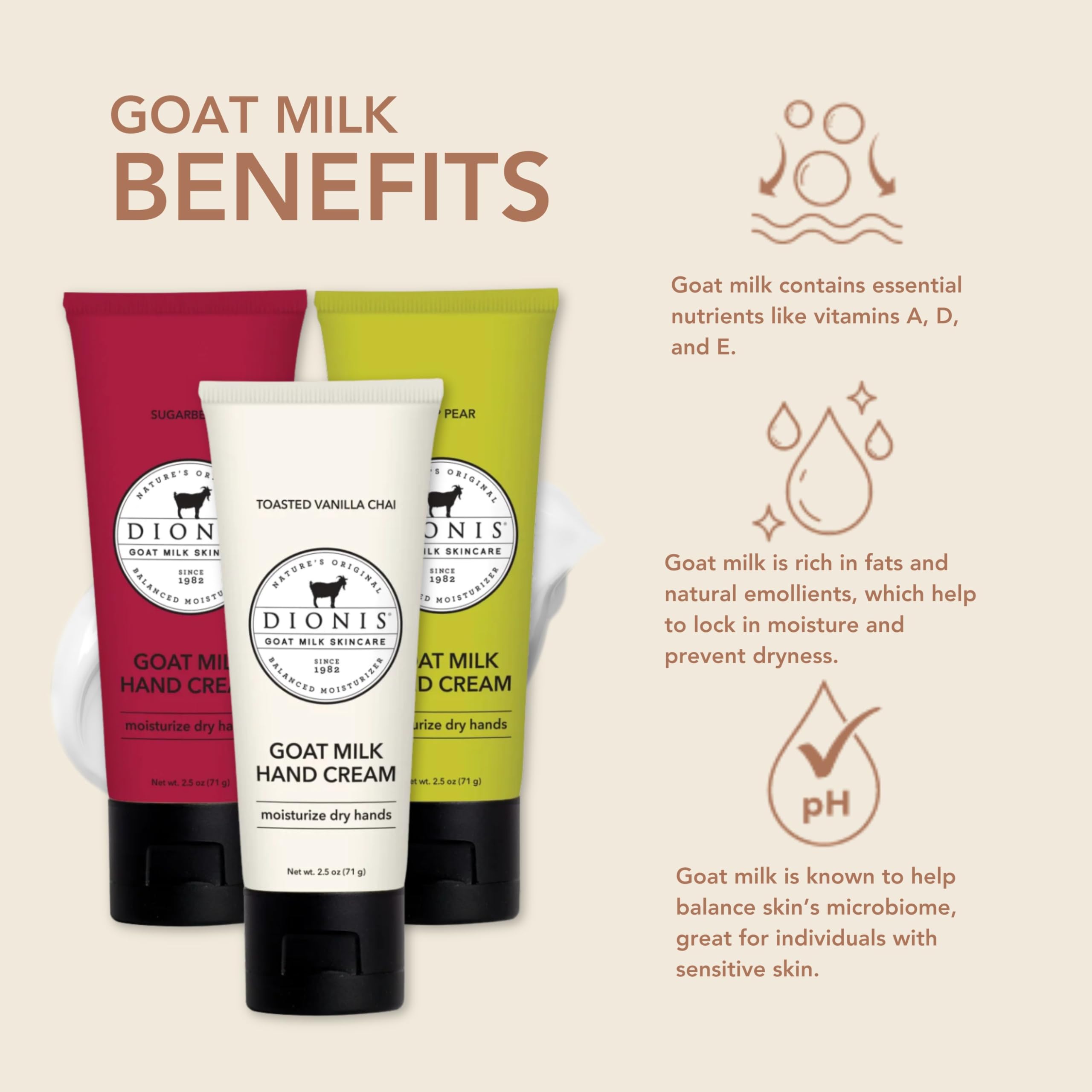 Dionis Goat Milk Hand Cream Toasted Vanilla Chai tube soothes with warm notes and fast-absorbing moisture.