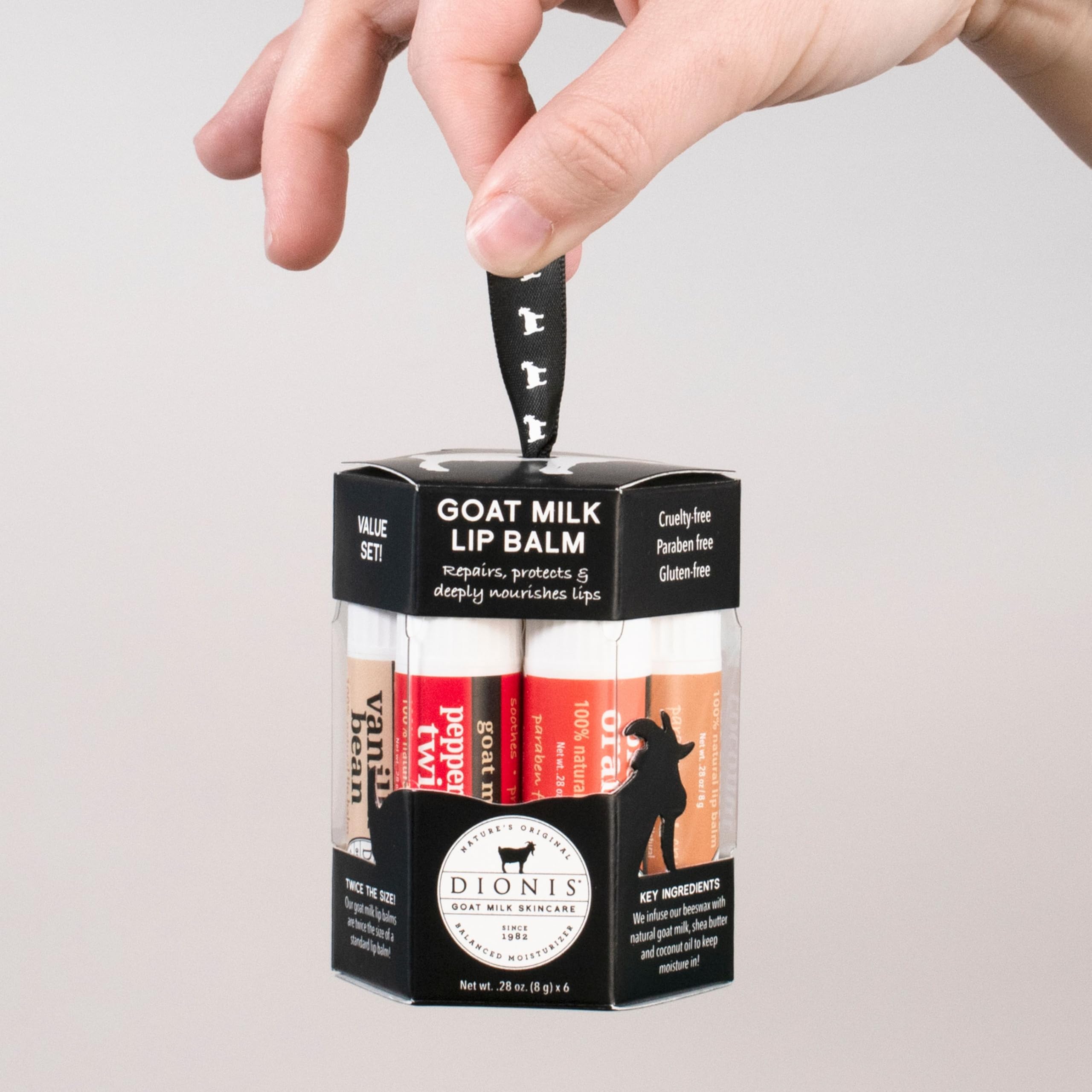 Dionis Goat Milk Lip Balm Ornament Berry delivers moisturized lips with a fruity aroma.