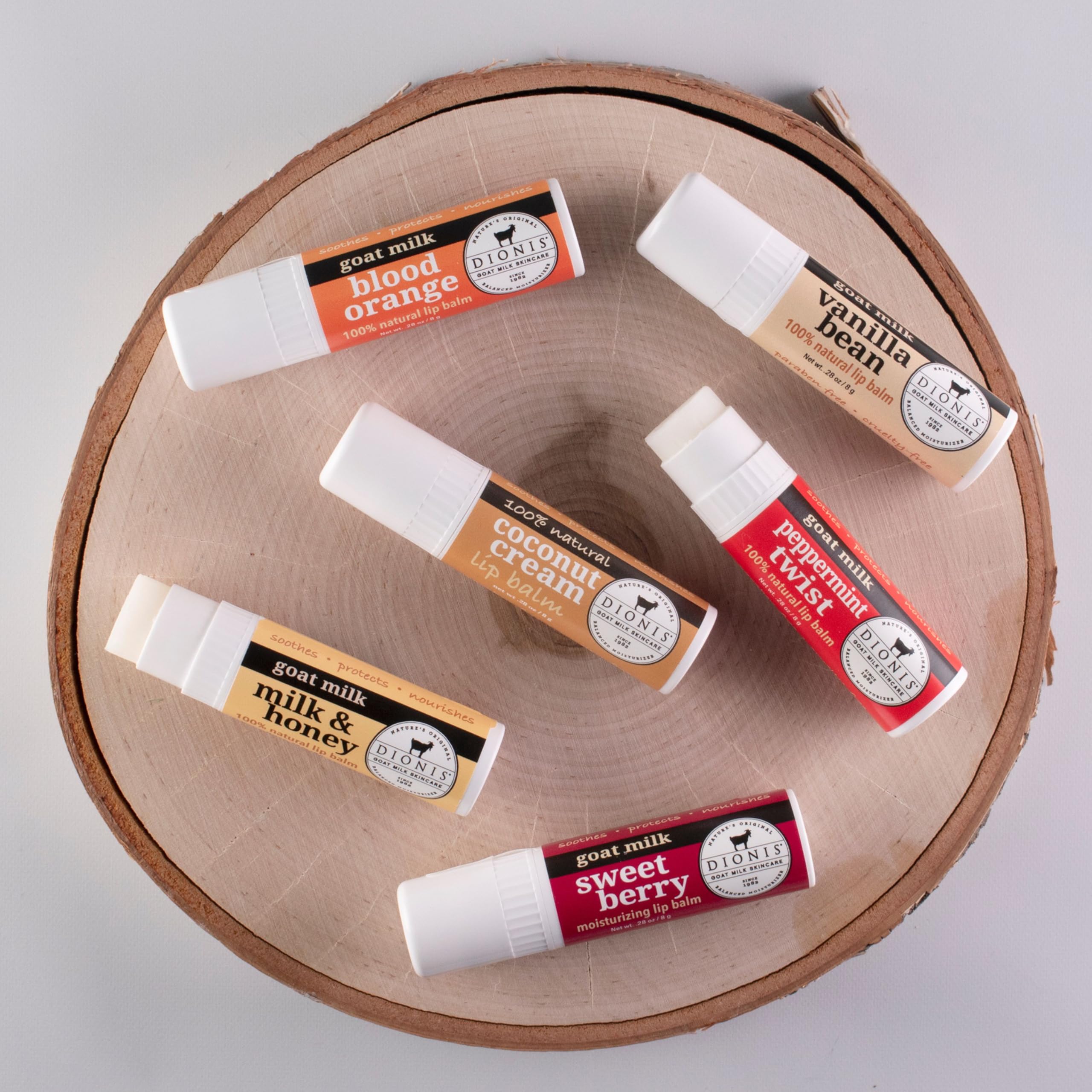 Dionis Goat Milk Lip Balm Ornament Blood Orange provides bright scent and daily moisture.