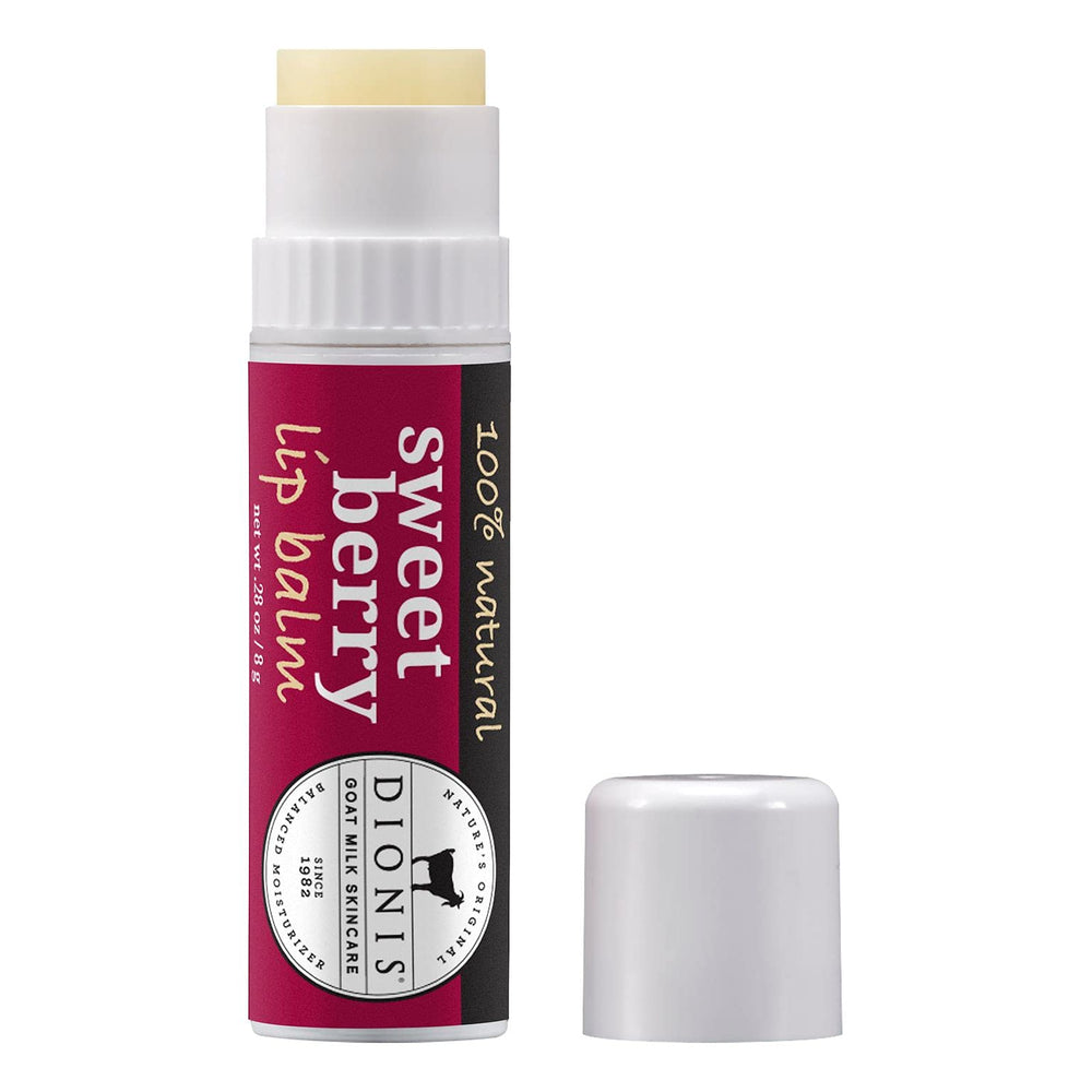 Dionis Goat Milk Lip Balm Sweet Berry jar shows portable moisture on the go.