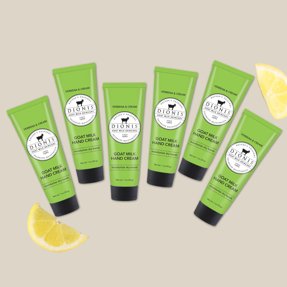 Dionis Goat Milk Verbena & Cream jar packaging highlights premium USA-crafted care.