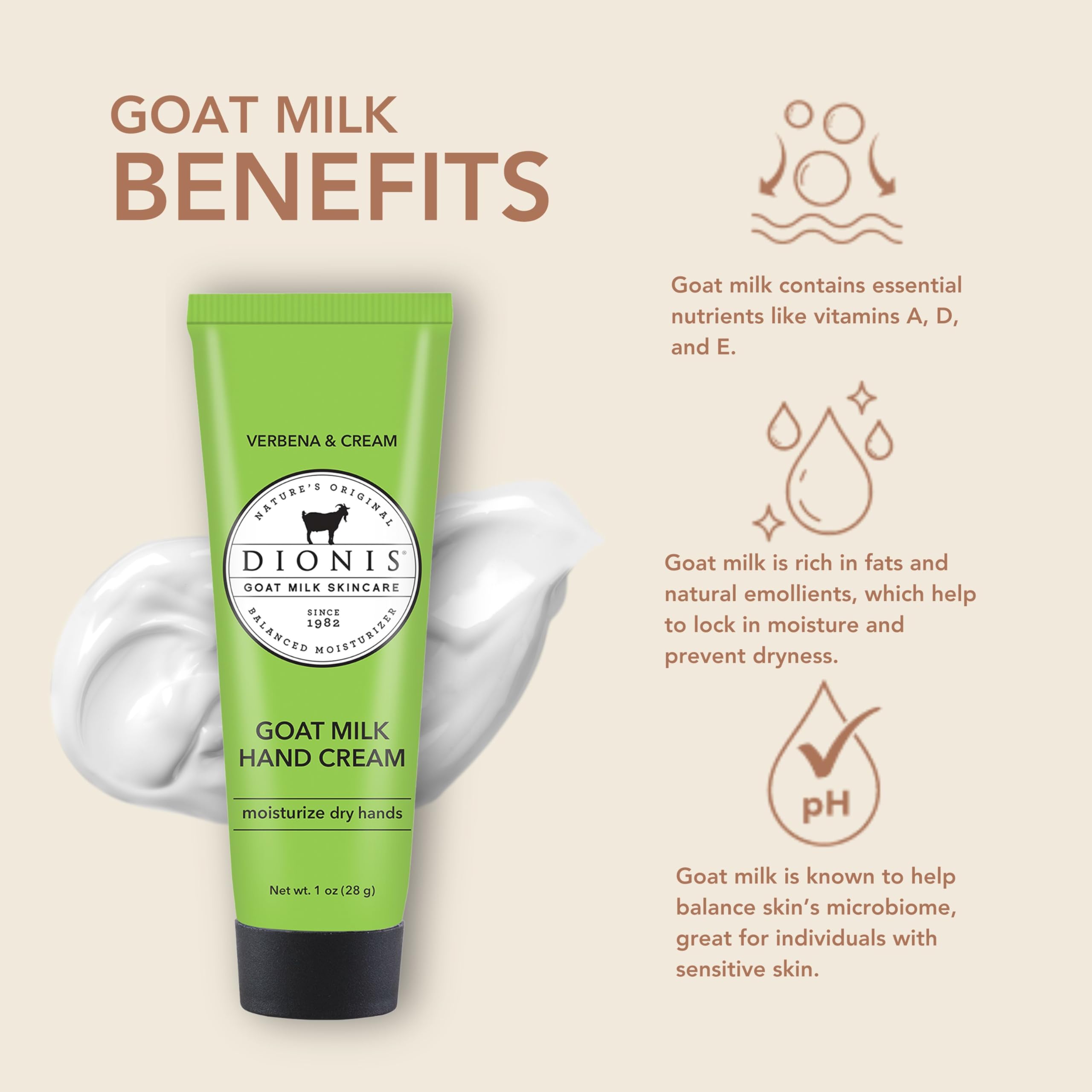 Dionis Goat Milk Verbena & Cream texture closeup shows fast-absorbing hydration.