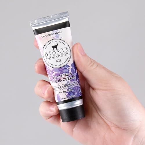 Dionis hand cream gift box open with two lavender tubes visible.