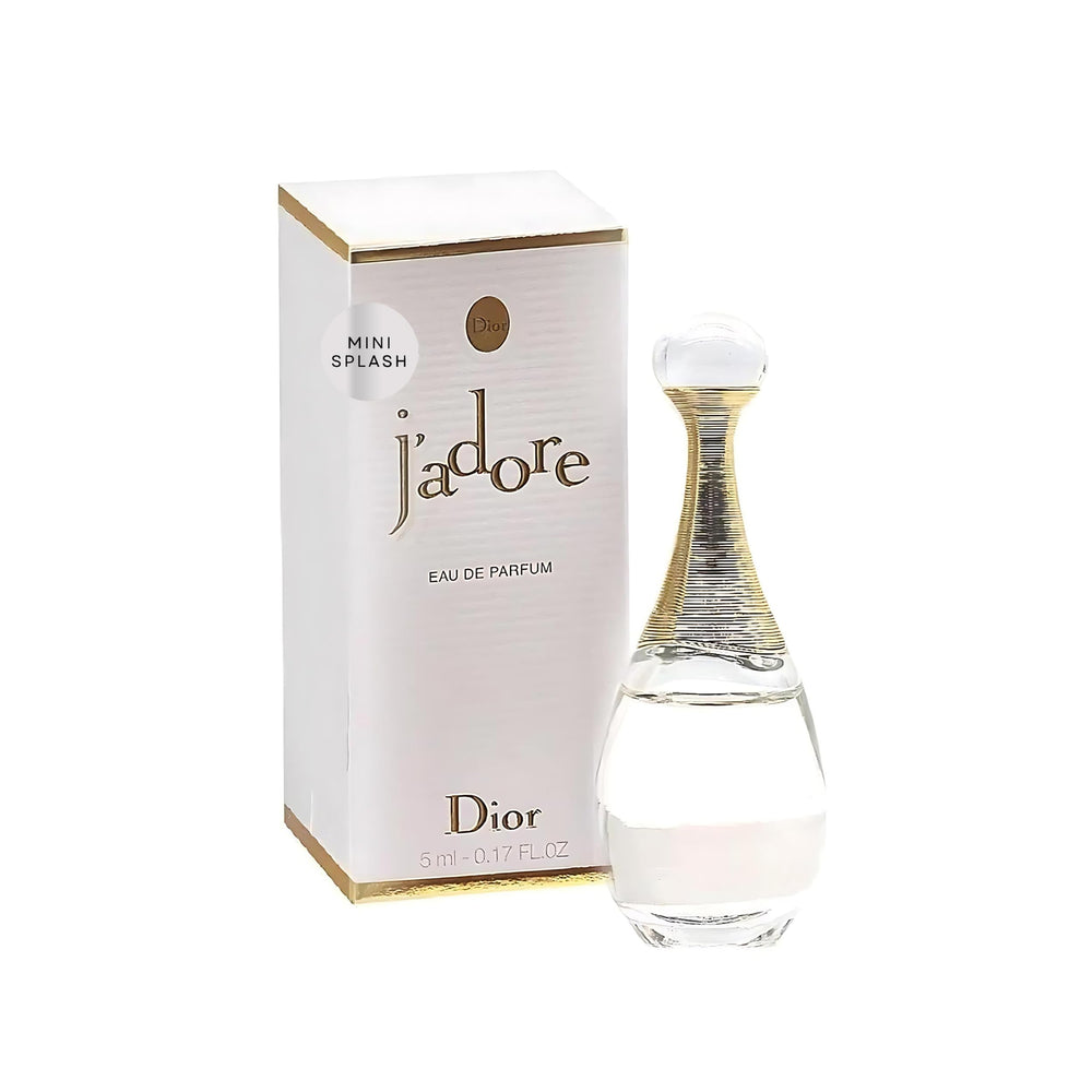 Dior J'adore mini splash bottle front, travel-friendly luxury scent option.
