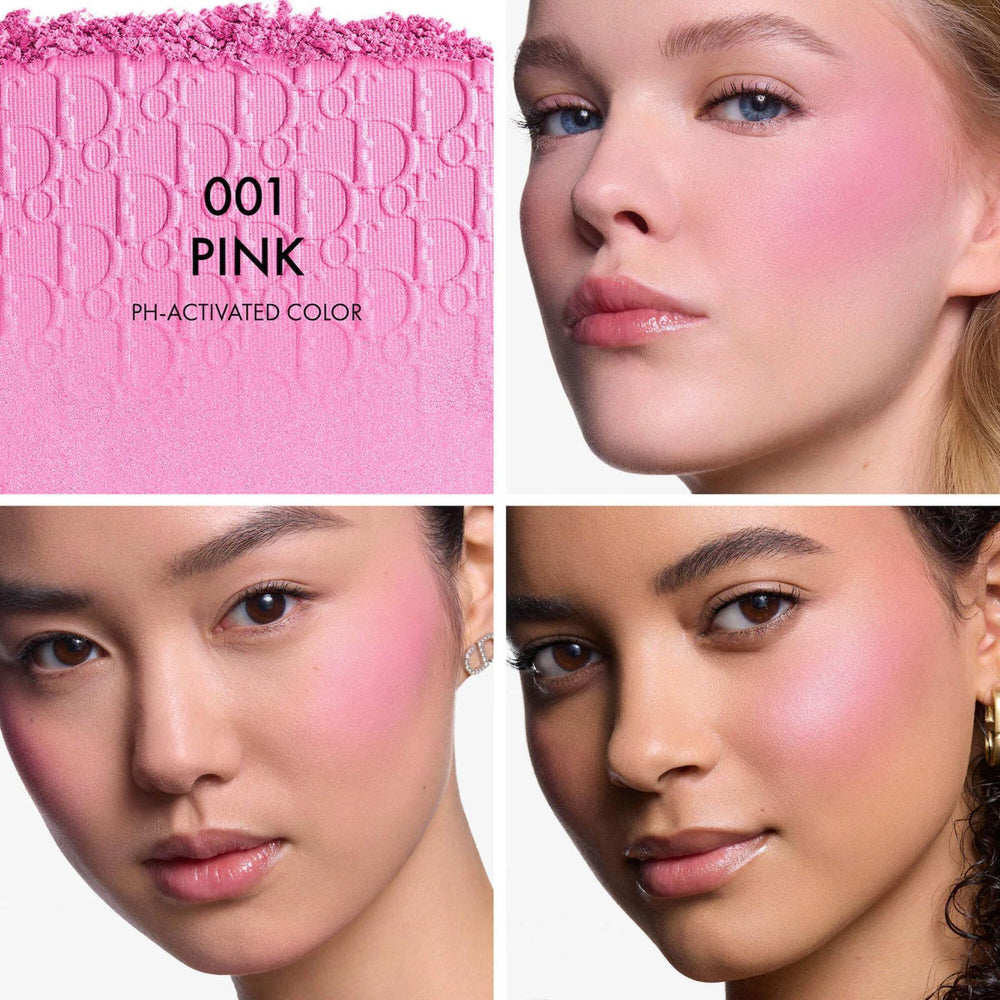 Dior Rosy Glow Blush 001 Pink swatch on cheek demonstrates long-wearing customizable flush.