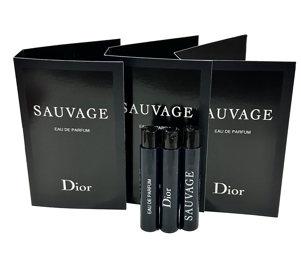 Dior Sauvage men sample EDP vial close-up for travel-sized fragrance testing.