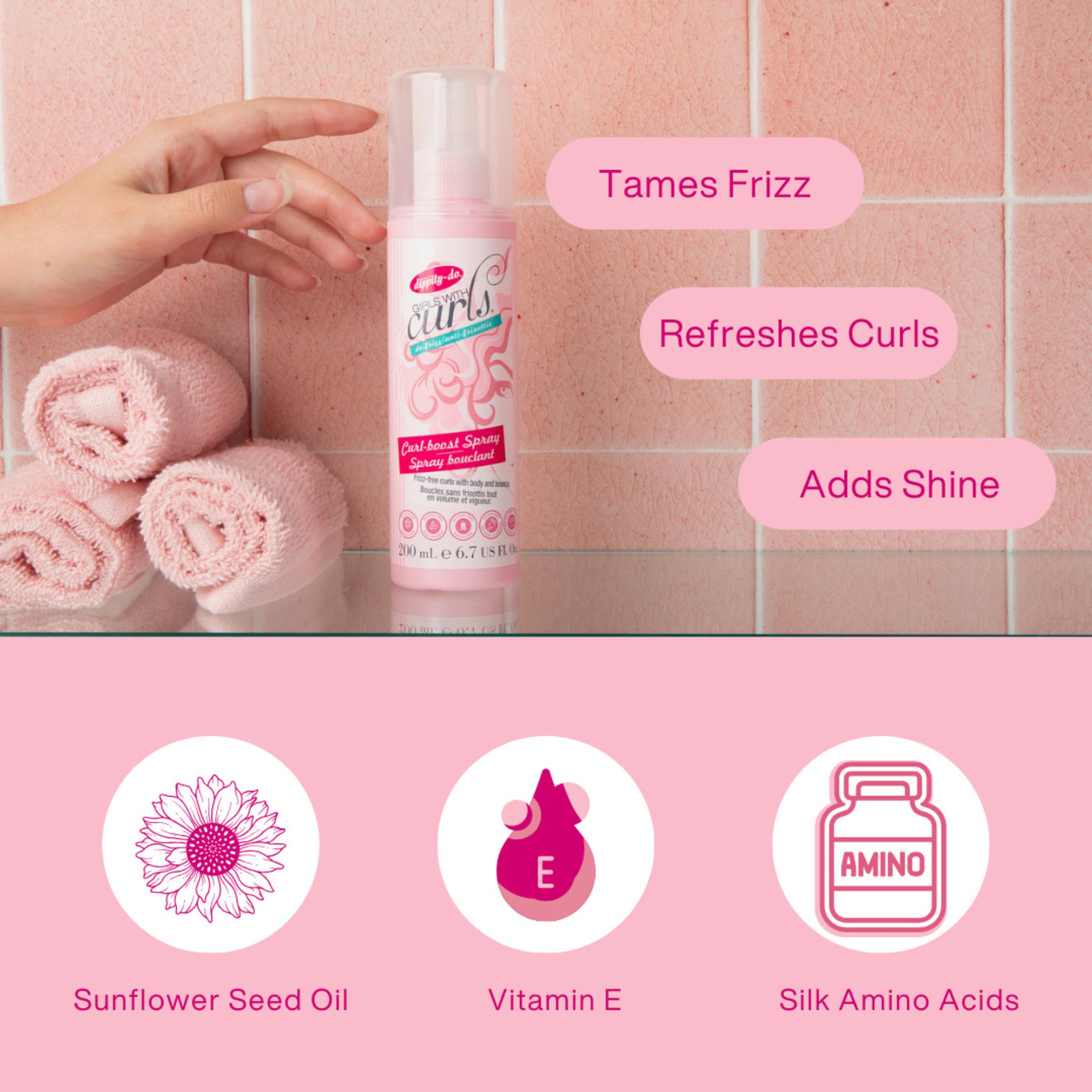 Dippity Do Curl Boost Spray demonstrates frizz-banishing shine on defined curls.