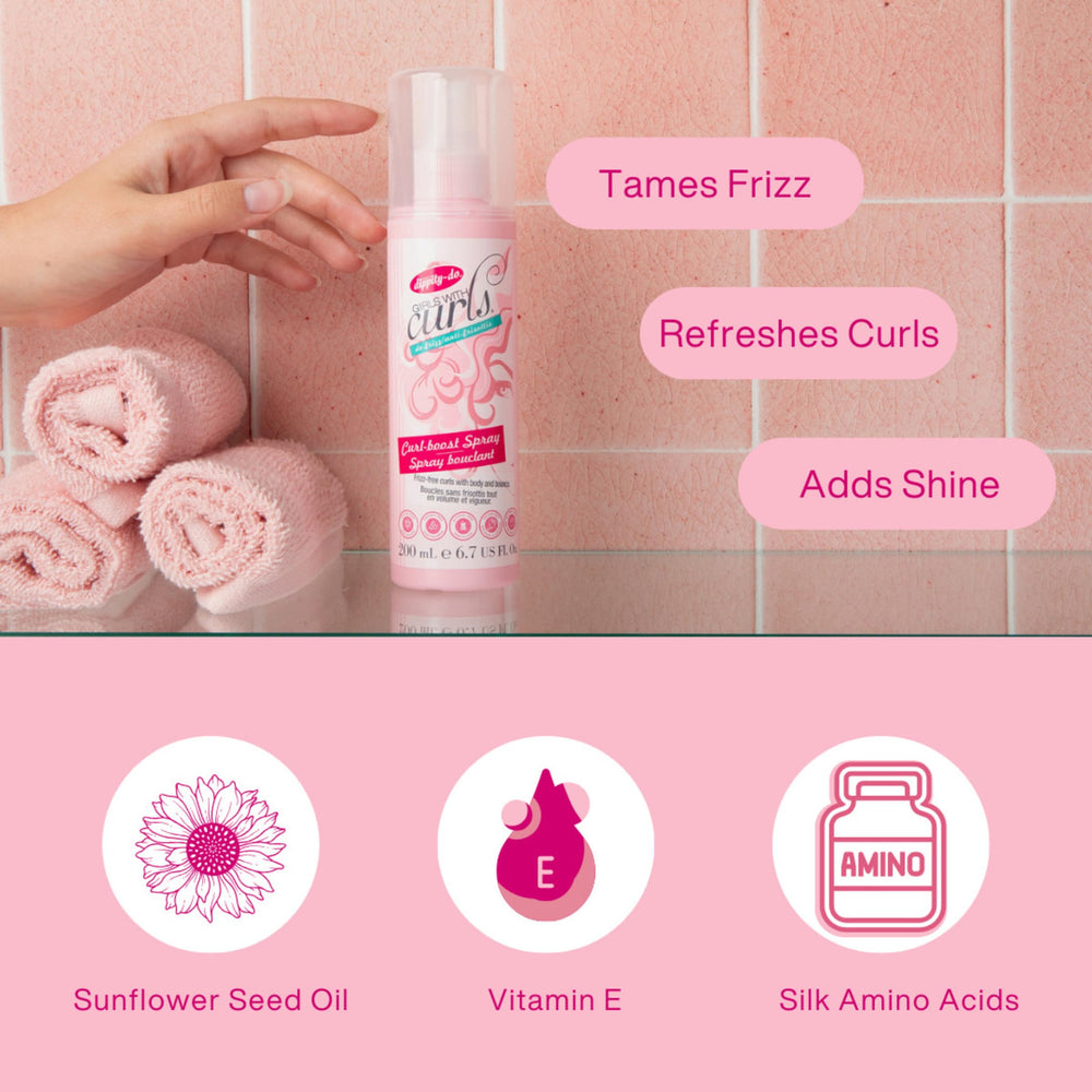 Dippity Do Curl Boost Spray demonstrates frizz-banishing shine on defined curls.