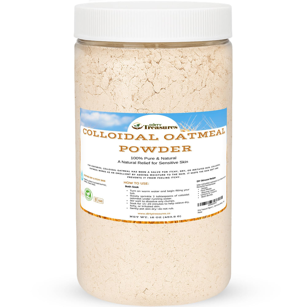 Dirty Treasures colloidal oatmeal bath package for sensitive skin care.