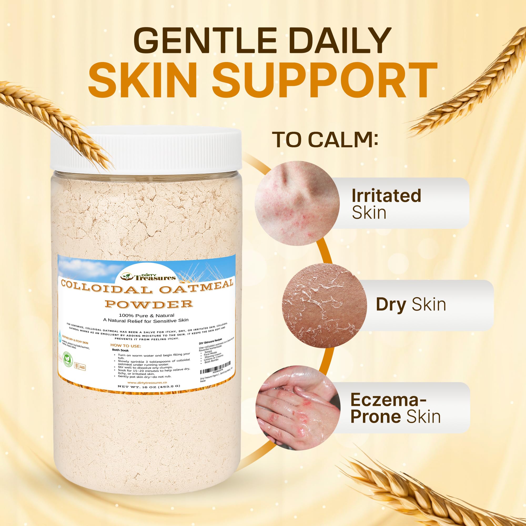 Dirty Treasures colloidal oatmeal bath being poured for a soothing tub experience.
