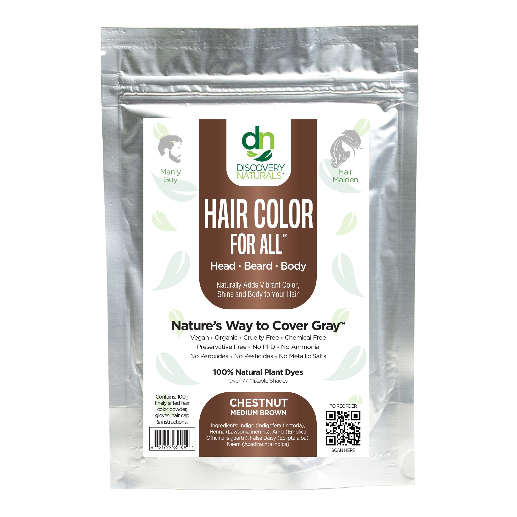 Discovery Naturals Brown Henna Color Kit packaging highlights vegan, chemical-free color option