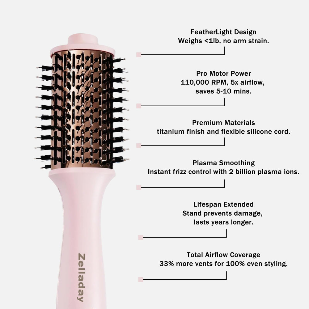 DISSTAR hot-air brush side view with titanium coating delivering even heat.