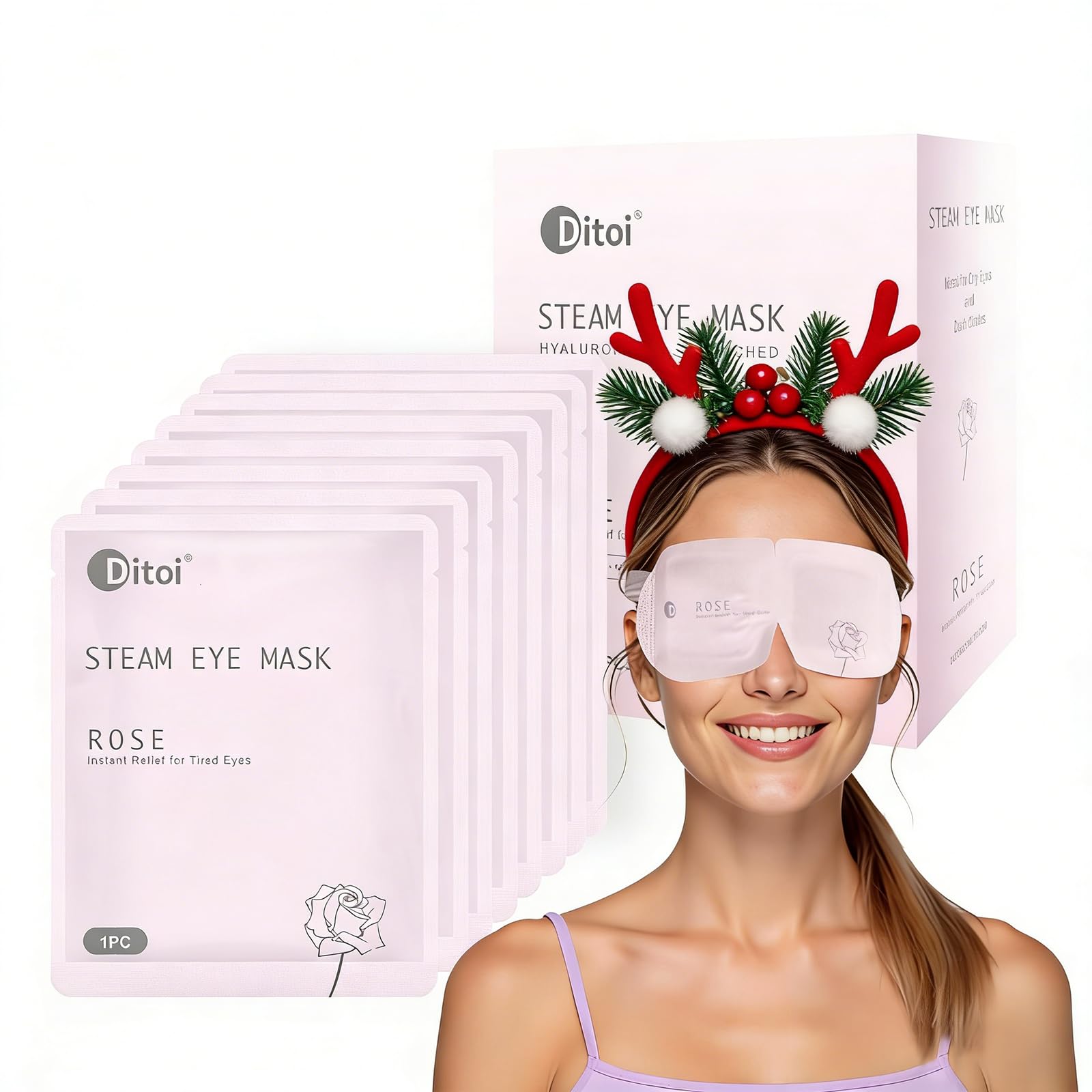 Ditoi mascarilla ocular rosa en empaque individual, ideal para llevar de viaje.