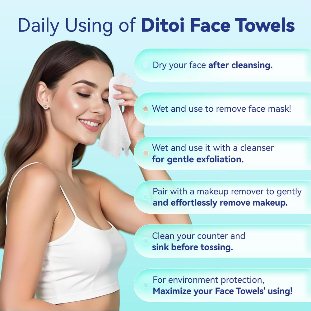 Ditoi disposable face towels makeup removal shows textured pearl side for makeup lift.