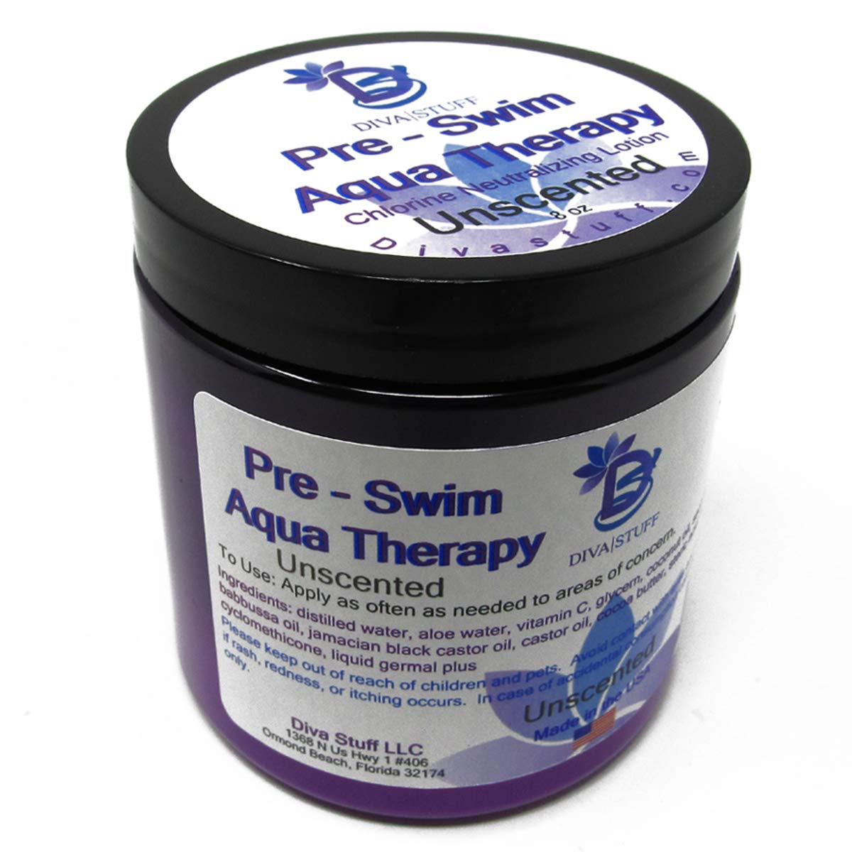 Diva Stuff Pre-Swim Aqua Therapy bottle emphasizes pre-swim protection for dry skin before swimming.