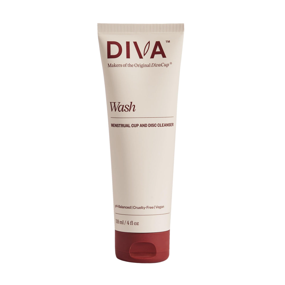 DIVA Wash bottle front showing plant-based cleanser for cups with fresh citrus scent for period care.