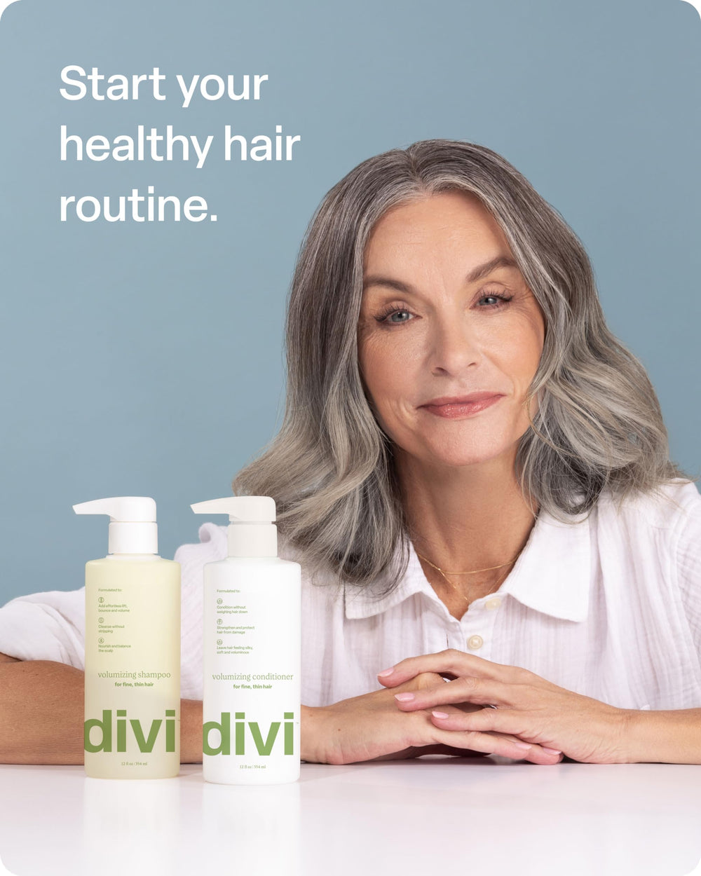 Divi fine thinning hair after-use close-up shows lifted volume.