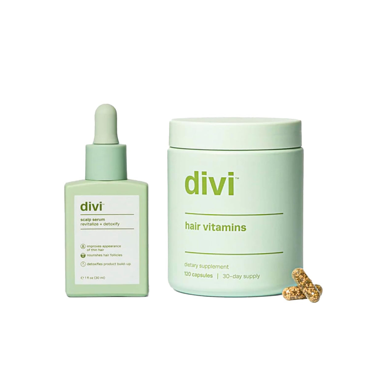 Divi Healthy Hair Bundle scalp serum bottle pour for scalp hydration and soothing.