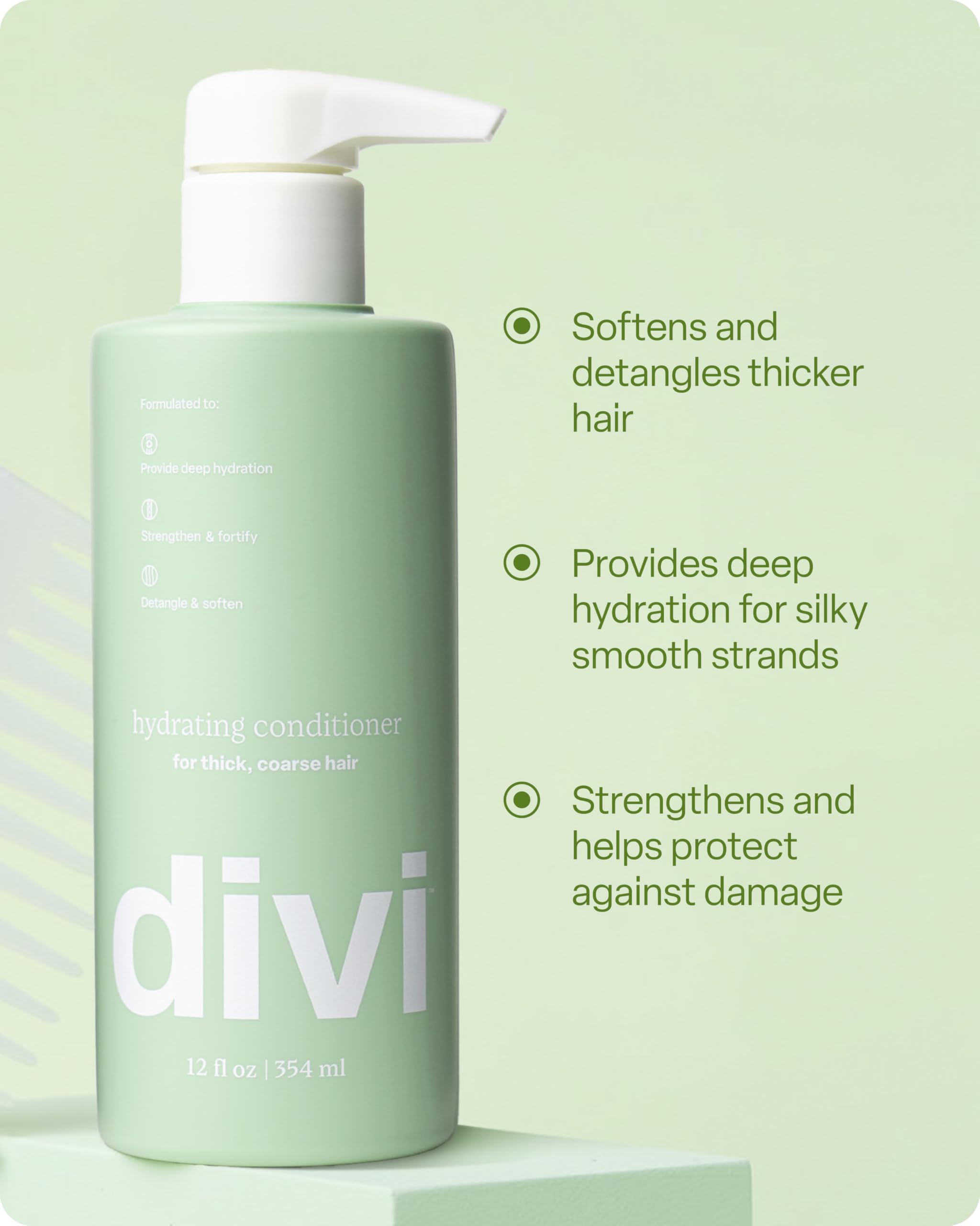 Divi Hydrating Conditioner is applied to hair, aiding detangling and smoother styling.