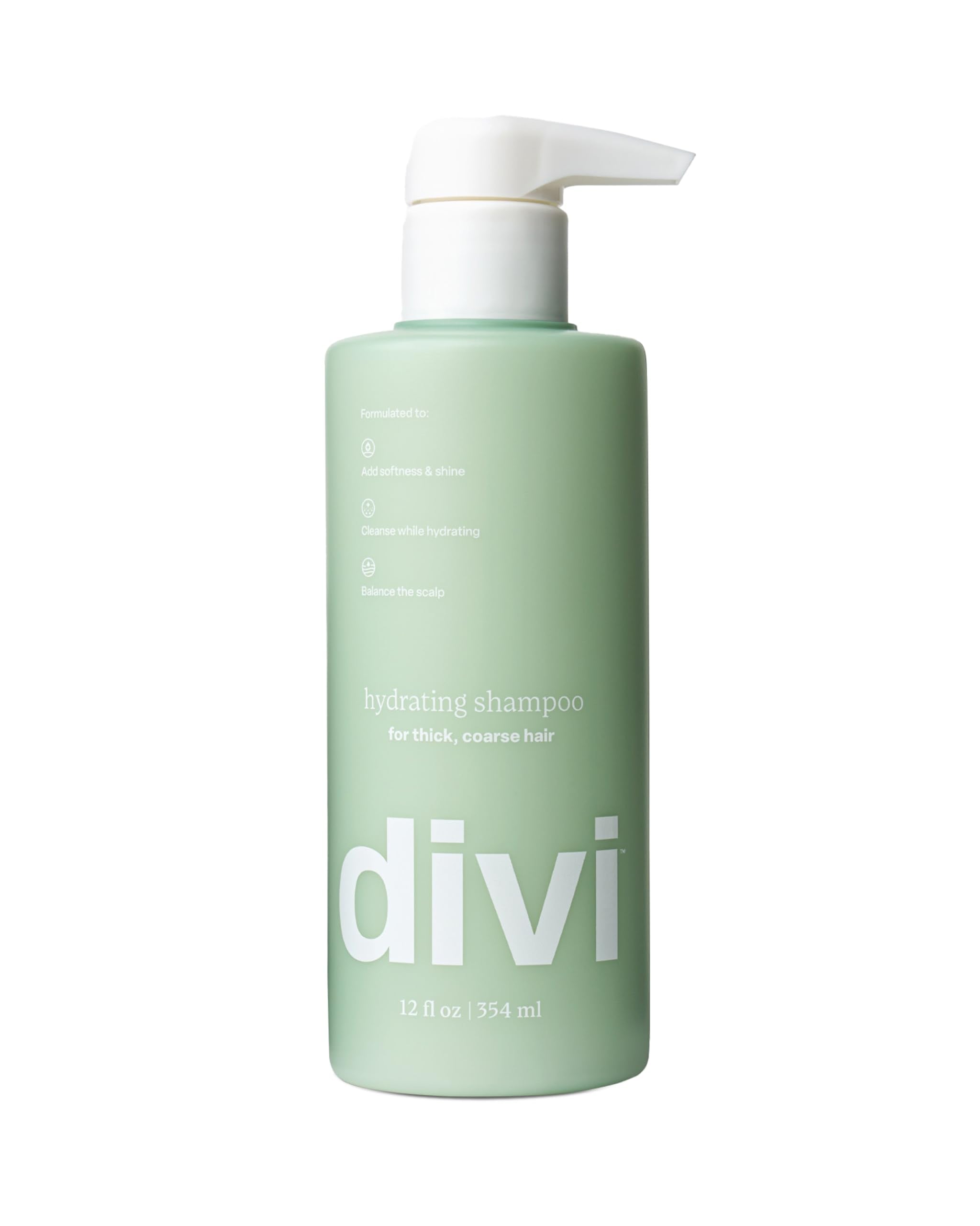 Divi Hydrating Shampoo bottle front shows hydration for softer, shinier hair.