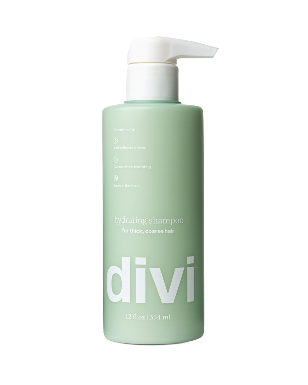 Divi Hydrating Shampoo bottle front shows hydration for softer, shinier hair.