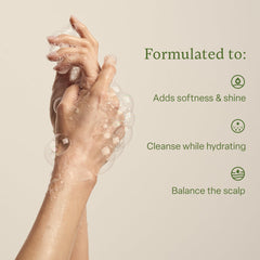 Divi Hydrating Shampoo bottle with textured lather demonstrates cleansing and refreshing scalp feel.