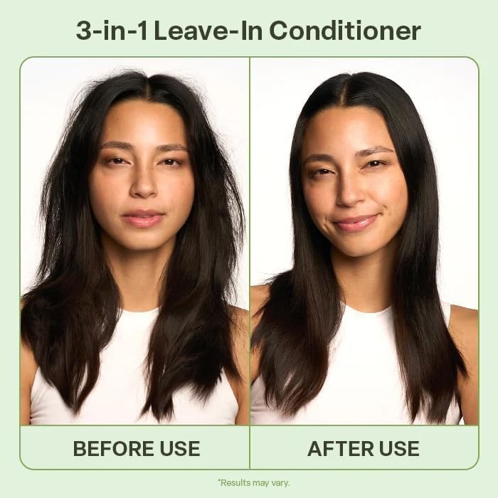 Divi Leave-In Conditioner spray close-up demonstrates heat protection for styling.