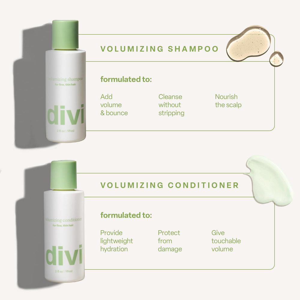 Divi Mini Volumizing Shampoo side-label highlights color-safe, gentle cleansing formula