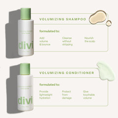 Divi Mini Volumizing Shampoo side-label highlights color-safe, gentle cleansing formula