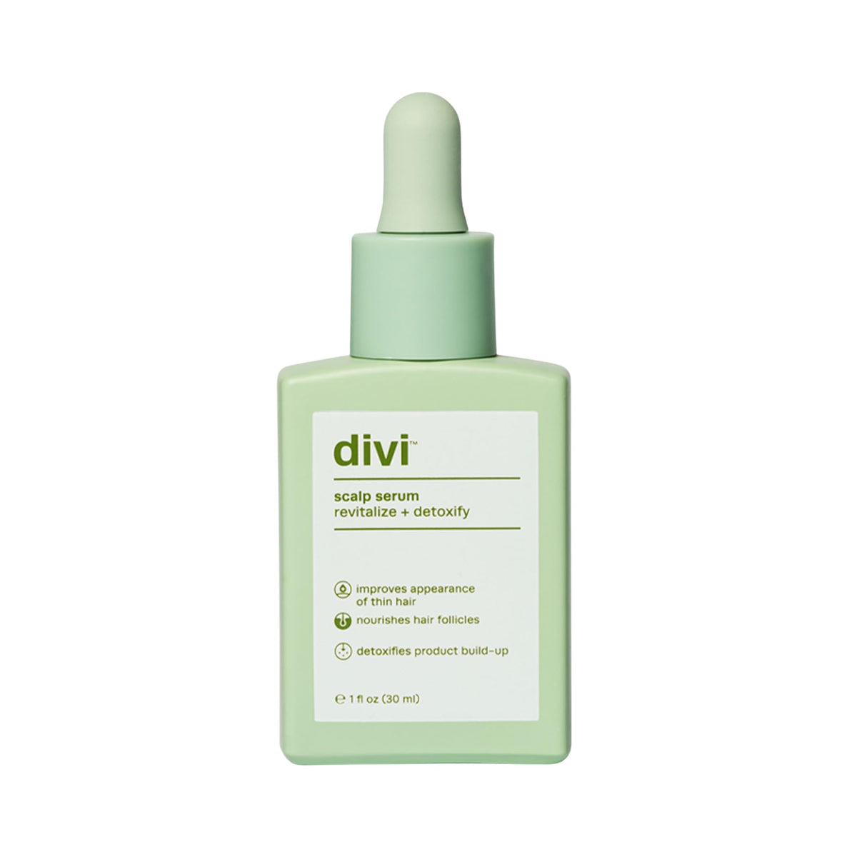 Divi Scalp Serum 30ml bottle close-up showing clear, residue-free formula ideal for daily use