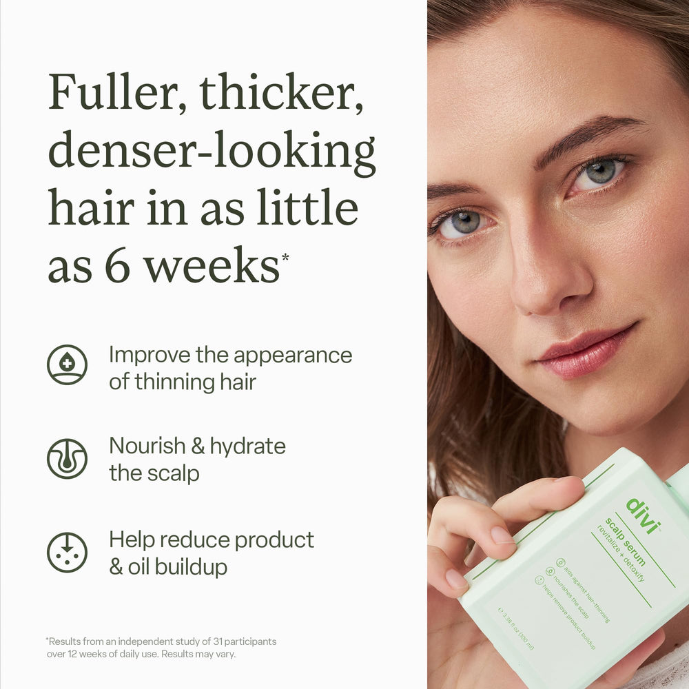 Divi Scalp Serum ingredient panel shows amino acids supporting scalp health
