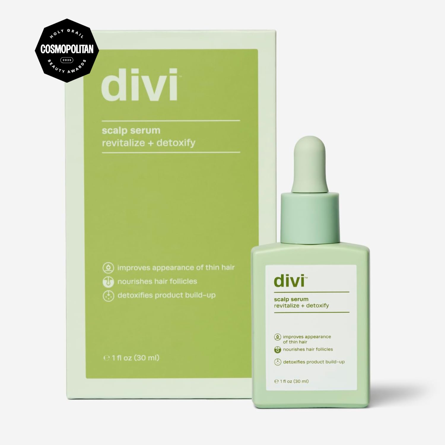 Divi Scalp Serum label detail highlighting amino acids and caffeine for hair support