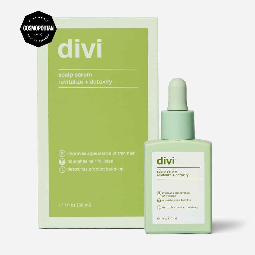 Divi Scalp Serum label detail highlighting amino acids and caffeine for hair support