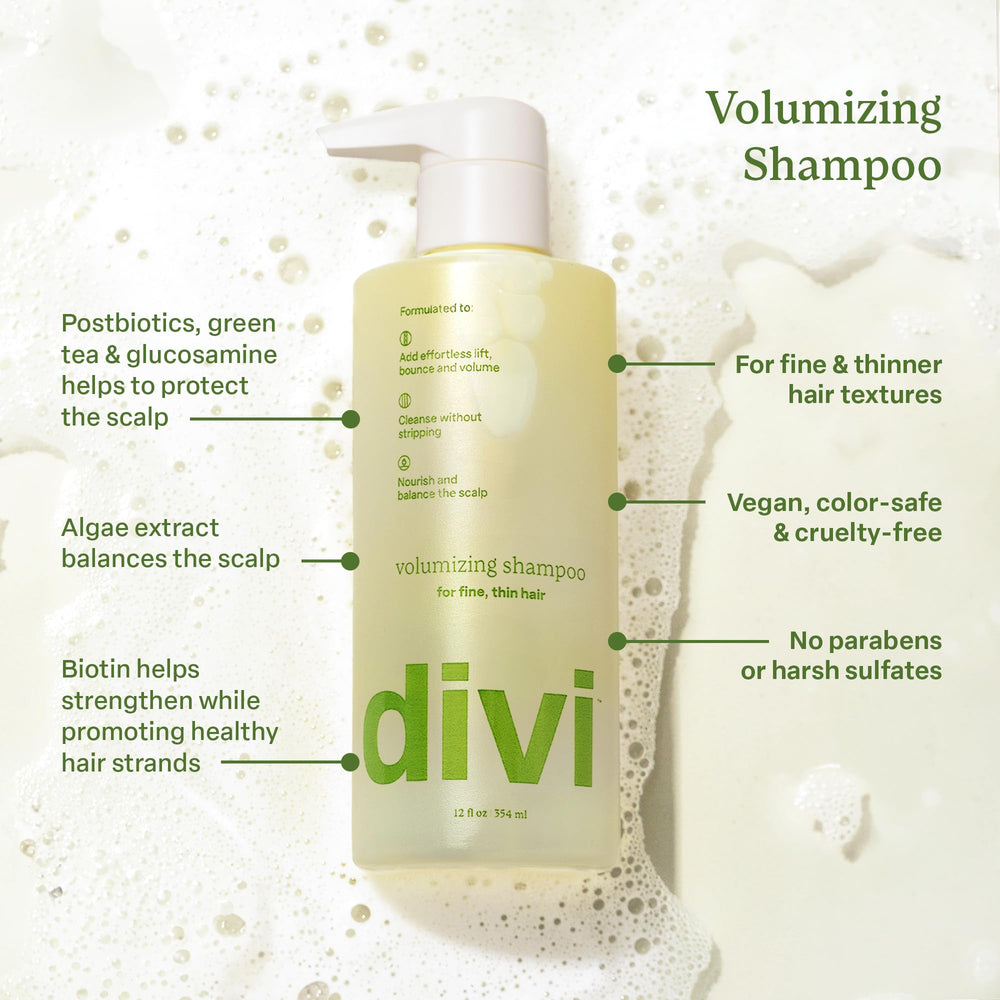 Divi Volumizing Shampoo bottle back displays ingredients and USA-made claim