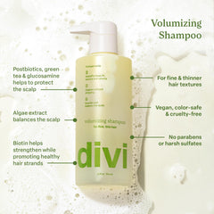 Divi Volumizing Shampoo bottle back displays ingredients and USA-made claim
