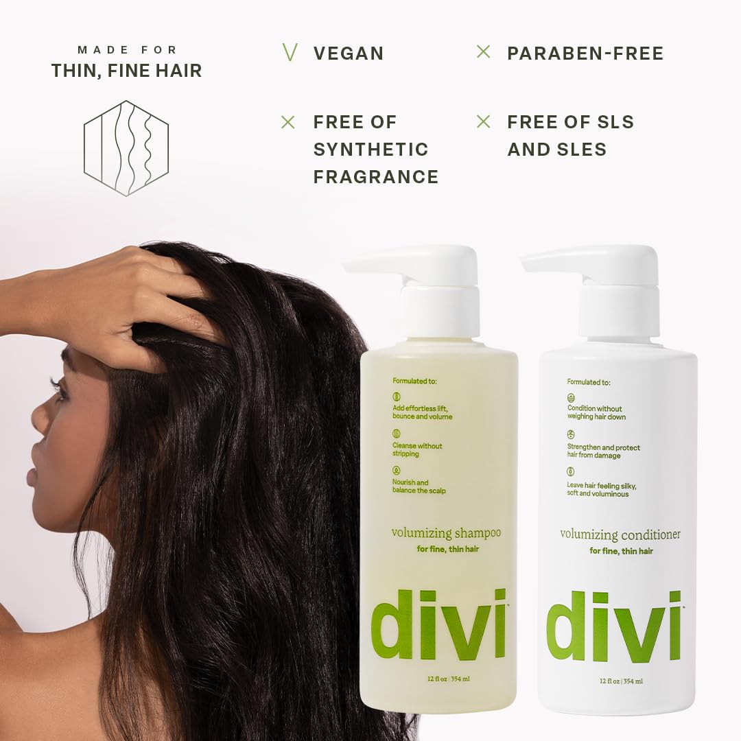 Divi Volumizing Conditioner bottle pour signaling detangling and smooth finish.