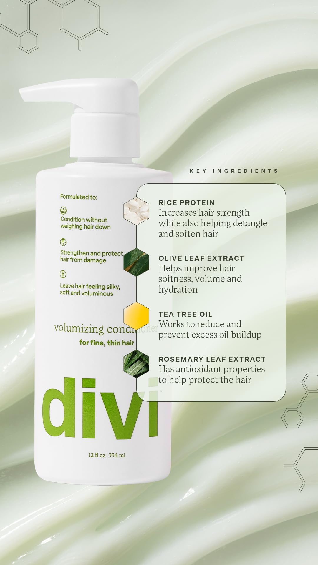 Divi Volumizing Conditioner with rice protein and rosemary for strengthened hair.